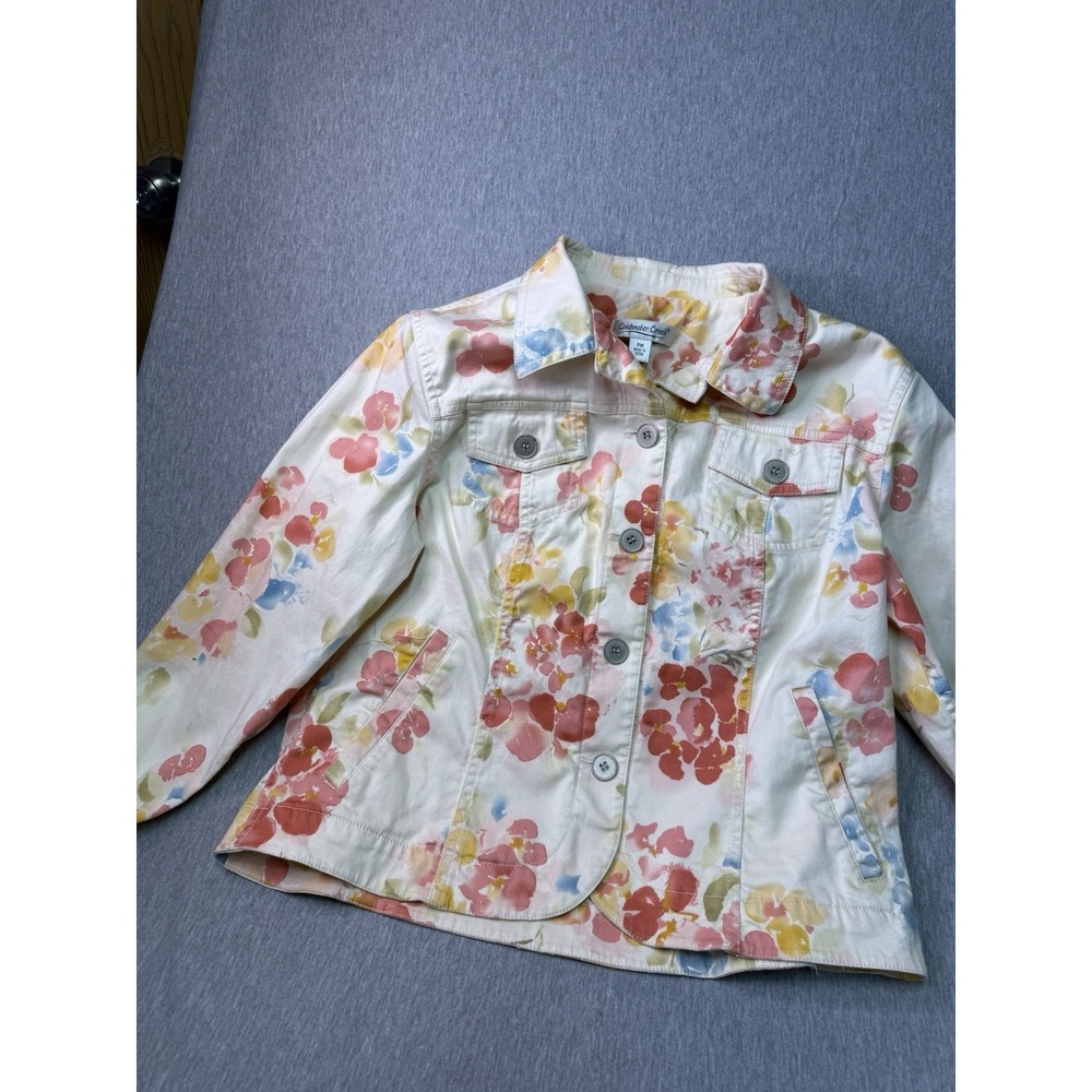 Coldwater Creek PM Petite Medium Floral Print Denim Jacket Button Front Pink Yel